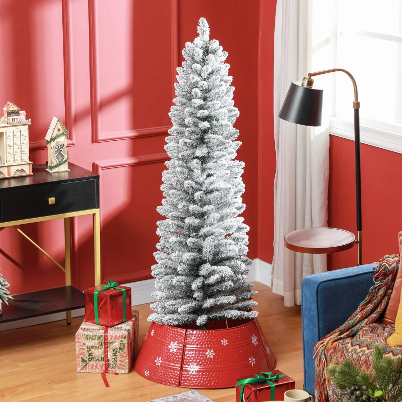 HOMCOM 5ft Artificial Christmas Tree, Snow Flocked Branches, Metal Base, Pencil Xmas Tree