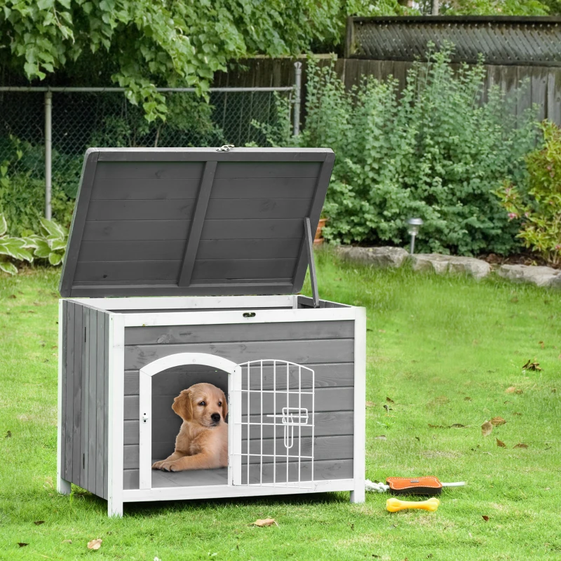 PawHut Foldable Wooden Dog House Raised Puppy Cage Kennel Cat Shelter for Indoor & Outdoor w/ Lockable Door Openable Roof Removable Bottom for Small and Medium Pets Grey
