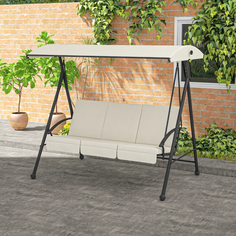 Outsunny 3-Seat Outdoor Porch Swing Patio Swing with Adjustable Canopy, Removable Seat and Back Cushion for Garden, Poolside