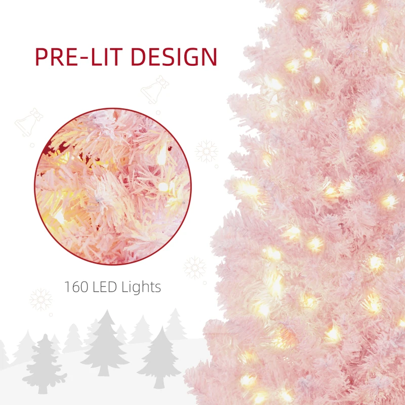 HOMCOM 5ft Pencil Christmas Tree, Slim Artificial Christmas Tree with Snow Flocked Branches and Warm White LED Lights, Pink