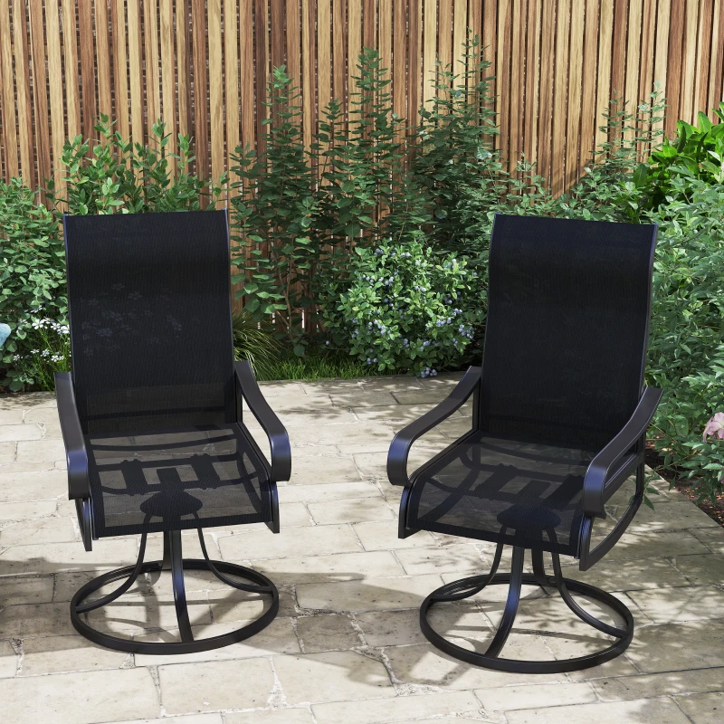 Outsunny 2-Piece Swivel Patio Dining Chairs, 360° Swivel Rocking Outdoor Chairs with Curved Armrests, Breathable Mesh Seat & S Shape Backrest for Yard, Lawn, Porch, Black
