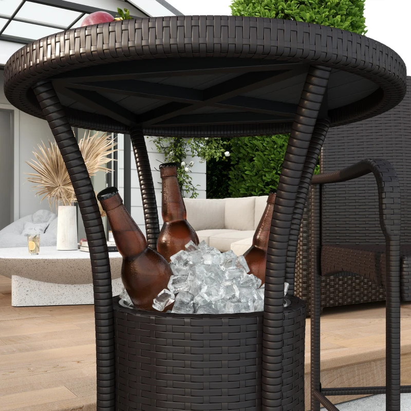 Outsunny 3 Pieces Patio Bar Set, Rattan Bistro Table and Chairs, Outdoor Conversation Furniture Set with Ice Bucket, Dark Brown