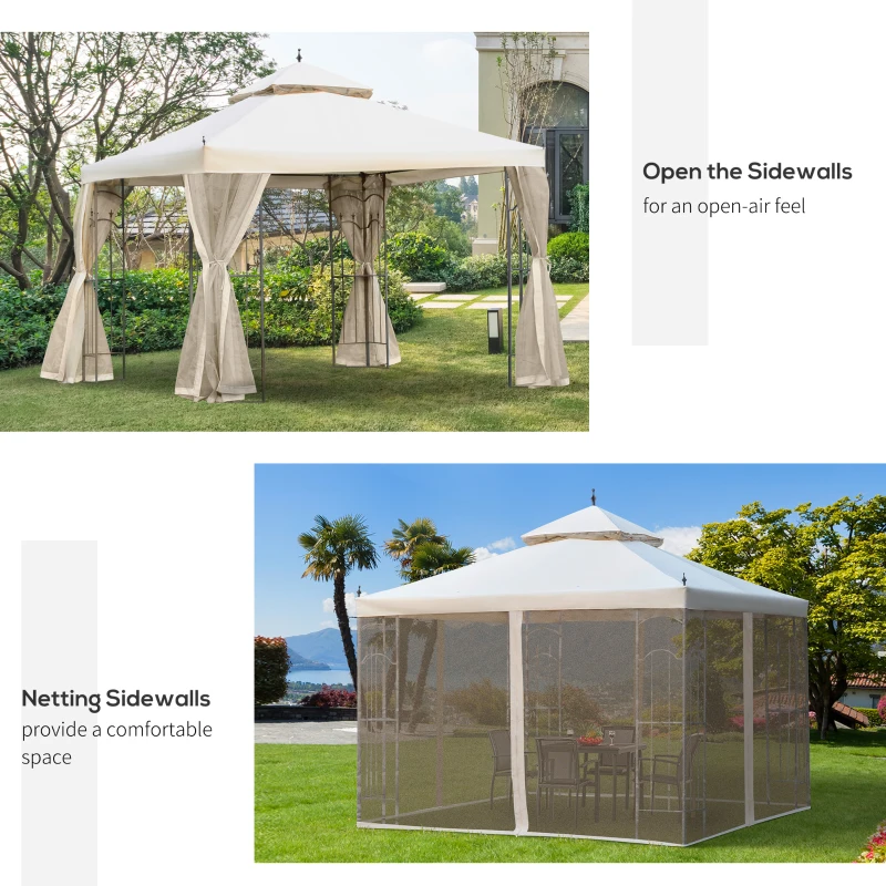 Outsunny 10' x 10' Steel Outdoor Patio Gazebo Canopy with Removable Mesh Curtains, Display Shelves, & Steel Frame, Beige