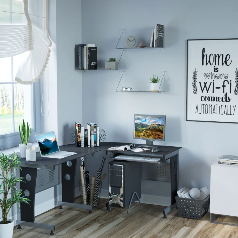 HOMCOM L-Shaped Corner Computer Desk Gaming Table Home Office Workstation Glass Top P2 MDF with Keyboard Tray - Black