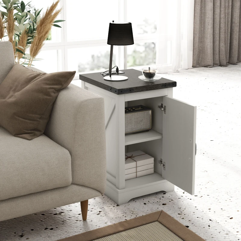 HOMCOM Farmhouse End Table with Storage, Side Table with Charging Station and USB Ports for Living Room, Distressed White