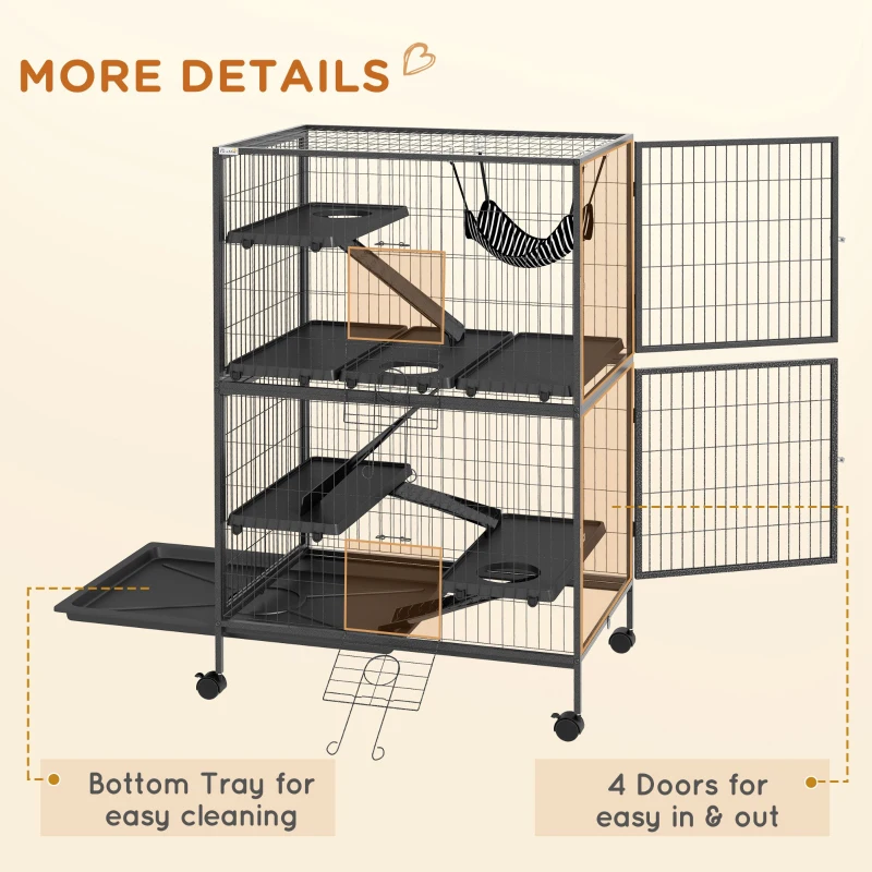 PawHut 5-Tier Rolling Small Animal Cage, Deluxe Guinea Pig Cage, Ferret Cage for Mink Chinchilla Kitten Rabbit, Grey