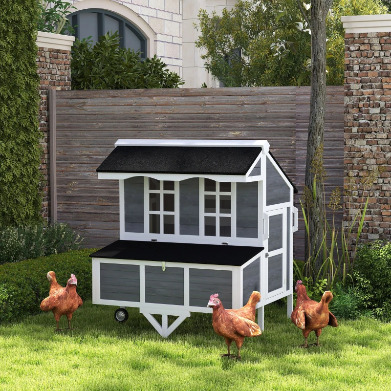 PawHut 43" Chicken Coop with Wheels, Chicken Tractor with Nesting Box, Windows, Pull-out Tray, Perches, for 2-4 Hens, Gray