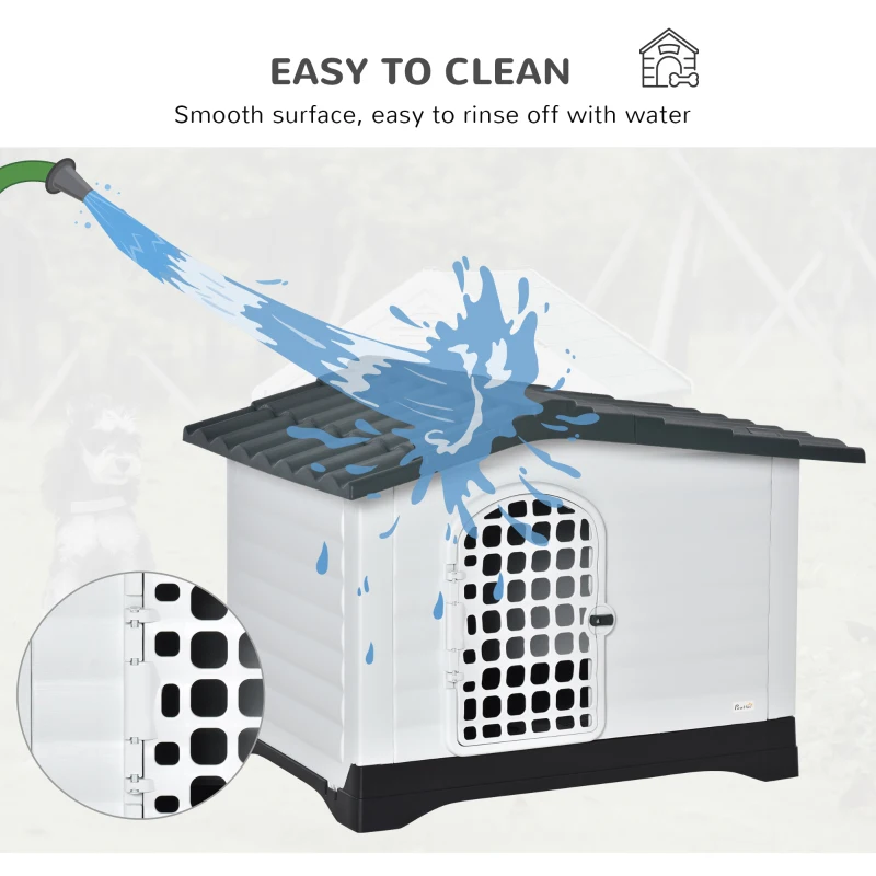 PawHut Plastic Dog House Puppy Kennel Pet Shelter with Raised Base Window Door for Large Medium Dogs Indoor & Outdoor 44"L x 33"W x 31.5"H Grey, White