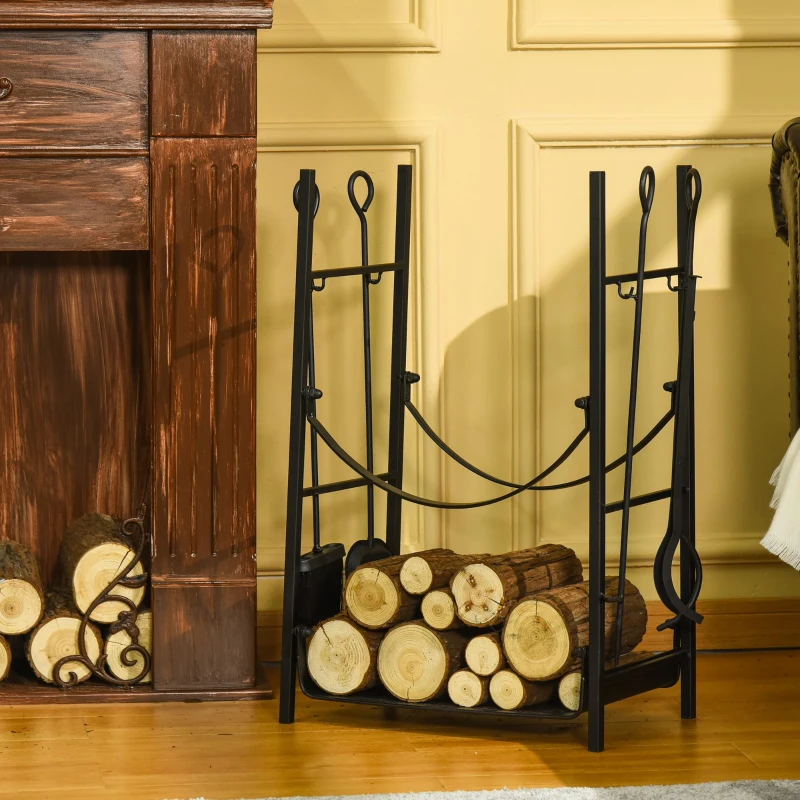 Outsunny Firewood Rack with Fireplace Tools, Indoor Outdoor Firewood Holder, Flat Bottom with 2 Tiers for Fireplace, Wood Stove, Hearth or Fire Pit, Black