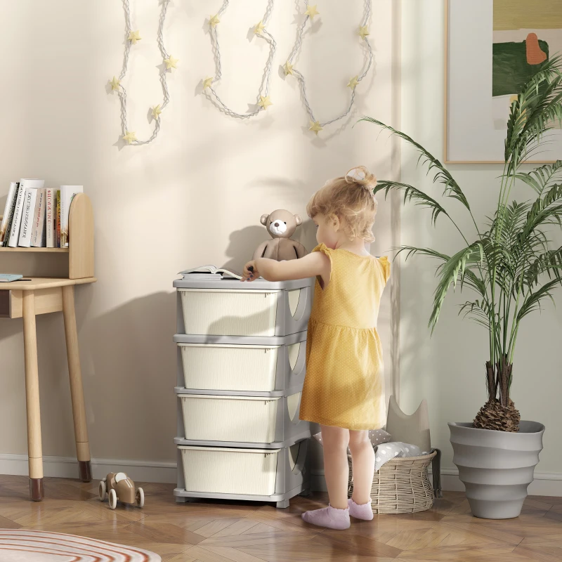Qaba 30" 4 Tier Kids Storage Unit Dresser Tower w/ 4 Drawers, Cream White