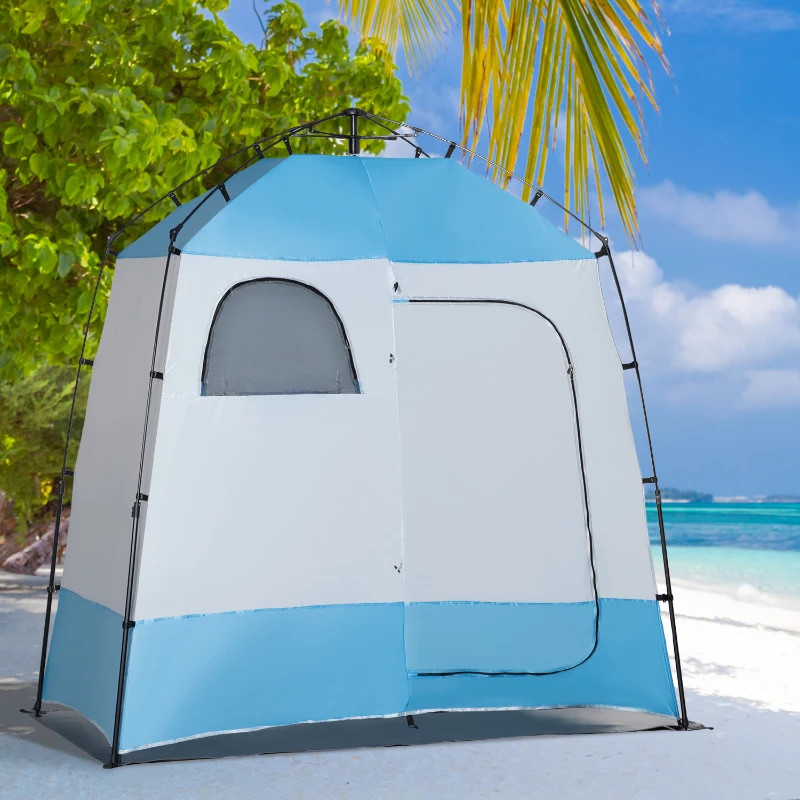 Outsunny Pop Up Shower Tent, Portable Privacy Shelter for 2 Persons, Changing Room with 2 Windows, 3 Doors, Carrying Bag, Grey and Blue