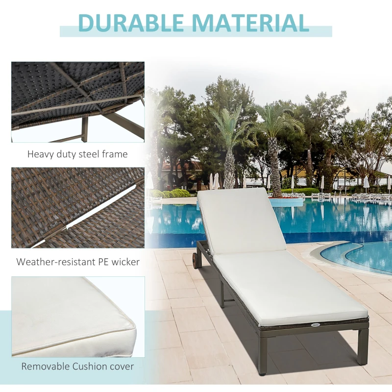 Outsunny Patio Wicker Chaise Lounge with Wheels, Outdoor Rattan Sun Lounger with 4 Position Adjustable Backrest and Cushions for Garden, Patio, Poolside Cream White