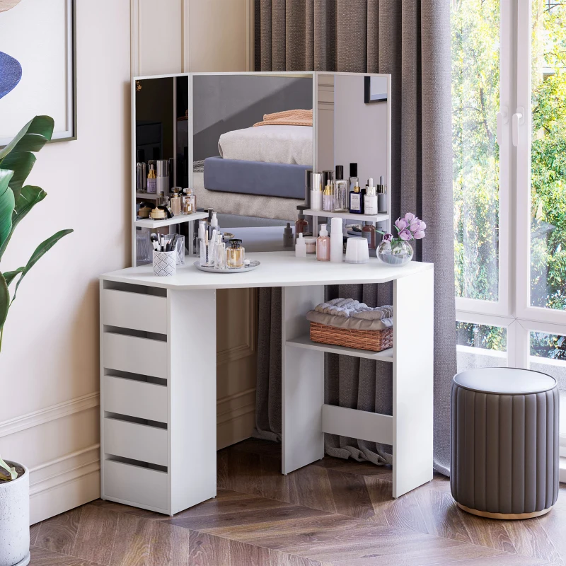 HOMCOM Corner Dressing Table, Makeup Desk with 3-piece Mirror and 5 Drawers, White