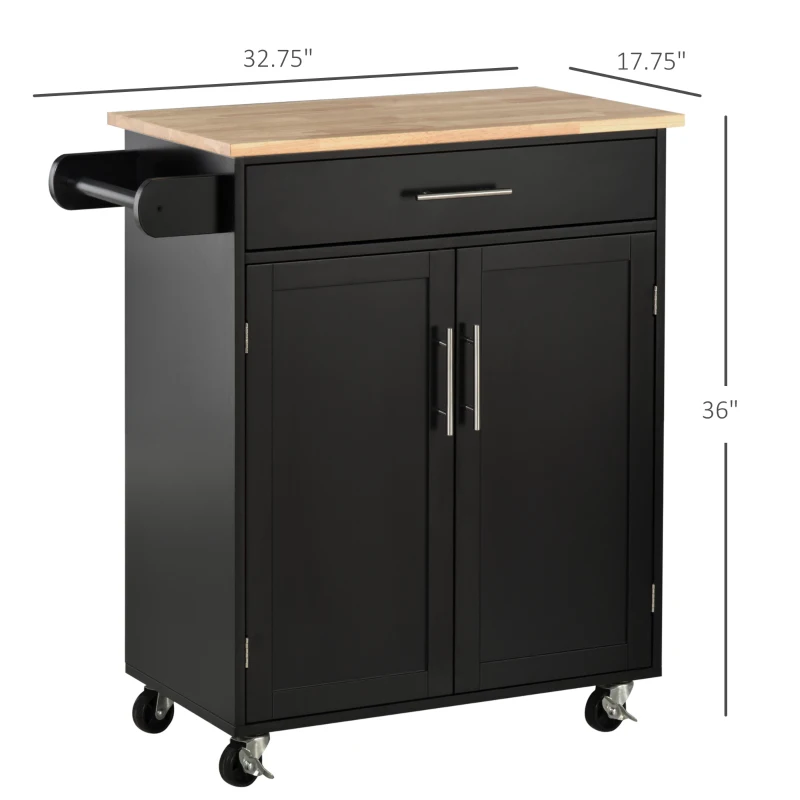 HOMCOM Kitchen Island Cart, Rolling Island Table with Solid Wood Top, Trolley Cart with Drawer, Storage Cabinet & Towel Rack, Black
