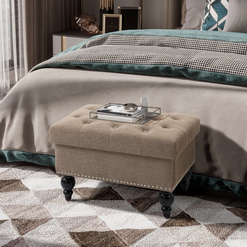 HOMCOM Ottoman with Storage for Living Room, 25" Storage Ottoman with Removable Lid, Button-Tufted Fabric Bench for Footrest and Seat with Wood Legs, Brown