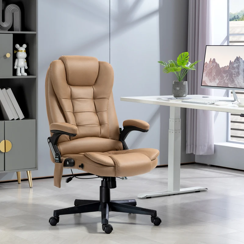 Vinsetto 6 Point Vibrating Massage Office Chair with Heat, Microfiber Massage Desk Chair with Reclining Backrest, Light Brown