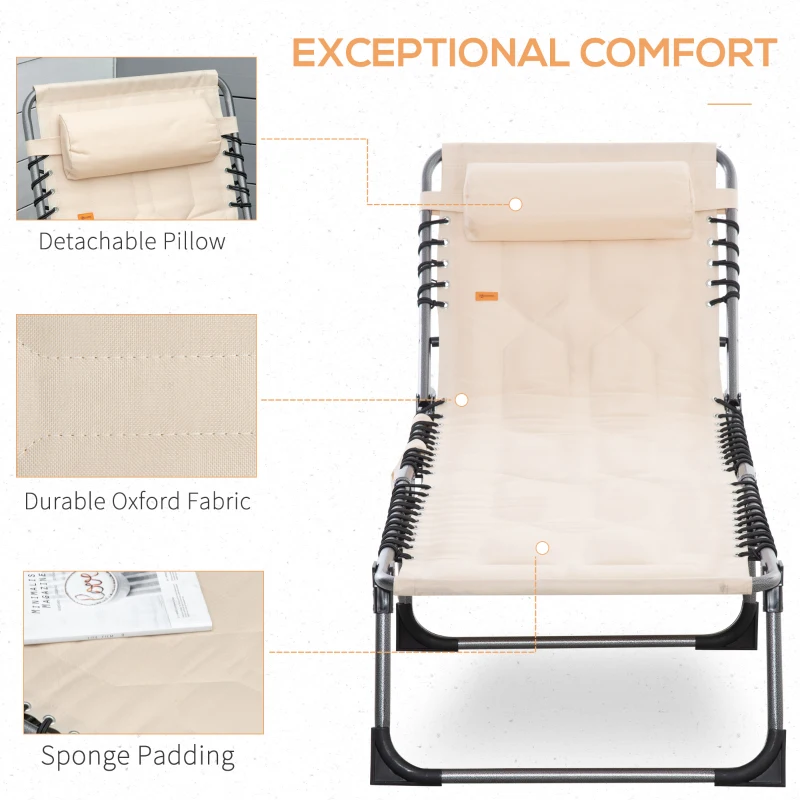 Outsunny Outdoor Lounge Chair, Folding Chaise Lounge, Patio Padded Tanning Chair with 5-position Adjustable Backrest, Pillow and Pocket for Deck, Beach, Lawn and Sunbathing, Beige