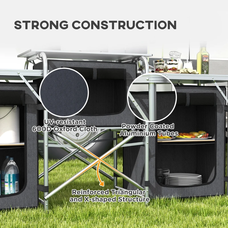 Outsunny Aluminum Camping Kitchen, Portable Folding Camping Table with Fabric Cupboards, Windshield, Bag for BBQ, Picnic, Black