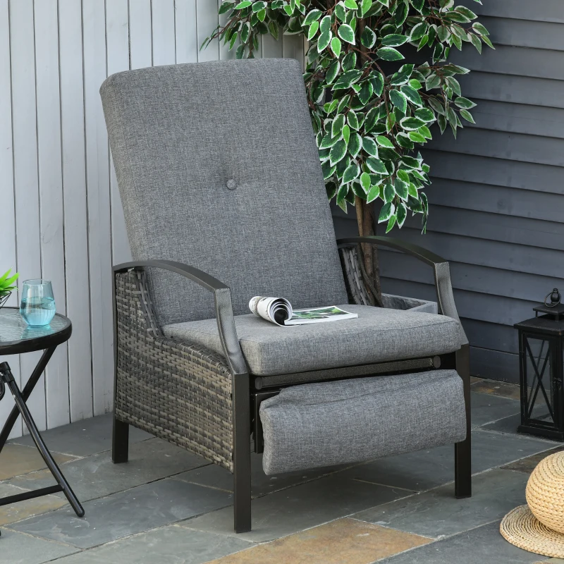 Outsunny Outdoor Recliner Chair, Reclining Patio Lounge Chair with Comfy Cushions, Footrest, Armrests, PE Wicker for Balcony, Porch, Grey