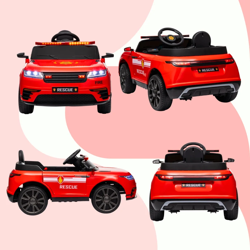 Qaba 12V Kids Electric Fire Truck w/ Remote Control, Spring Suspension, Transport Wheel, Siren, Music, Light, Horn, Red