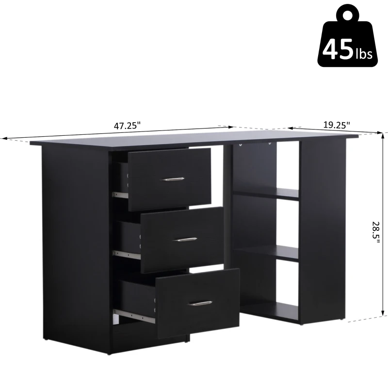 HOMCOM 47" Modern Home Office Computer Desk Bookcase Combo Writing Table Workstation with 3 Drawer and Storage Shelf - Black
