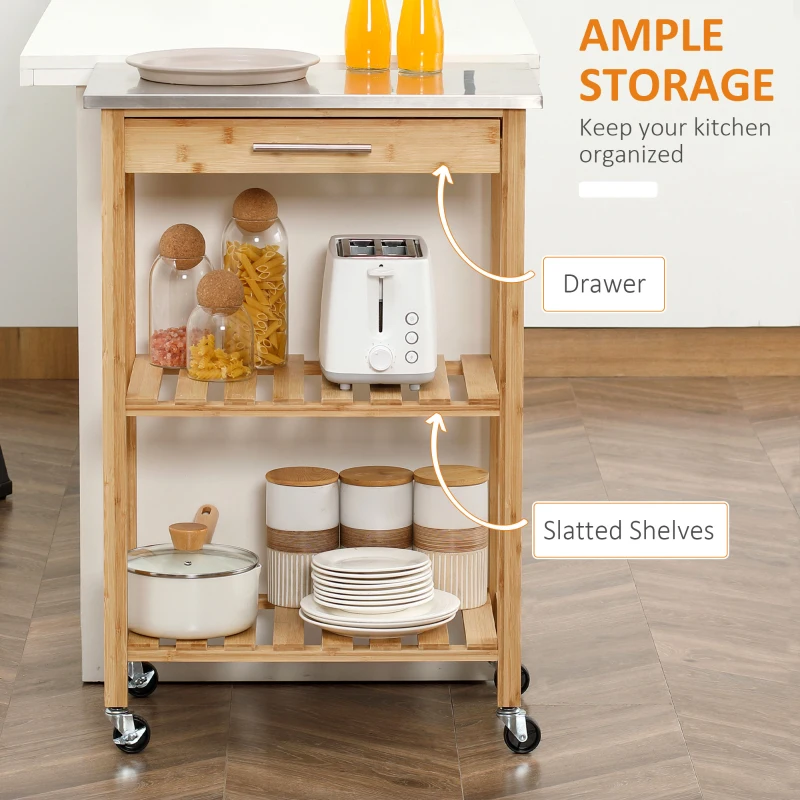 HOMCOM Bamboo Kitchen Cart, Kitchen Island with Stainless Steel Top, Drawer and Slatted Shelves for Dining Room, Natural