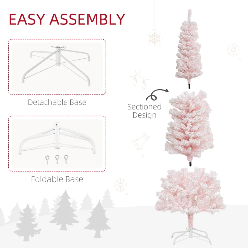 HOMCOM 6ft Flocked Christmas Tree, Pencil Christmas Tree with Realistic Branch Tips, Folding Metal Stand, Pink