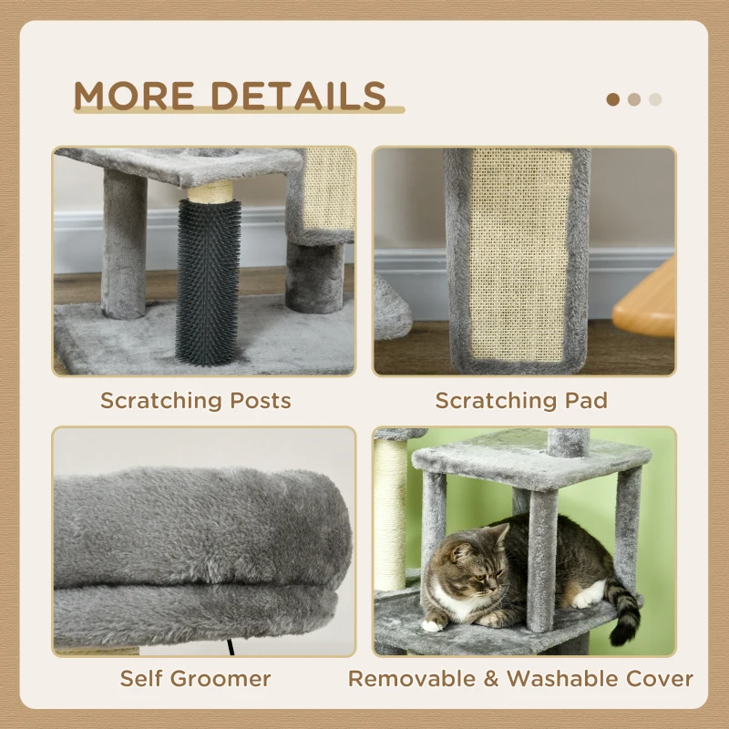 PawHut 59" Cat Tree with Scratching Posts, Self Groomer, Scratching Pad, Large Cat Tower for Indoor Cats with Hammock, Bed, House, Toys, Grey