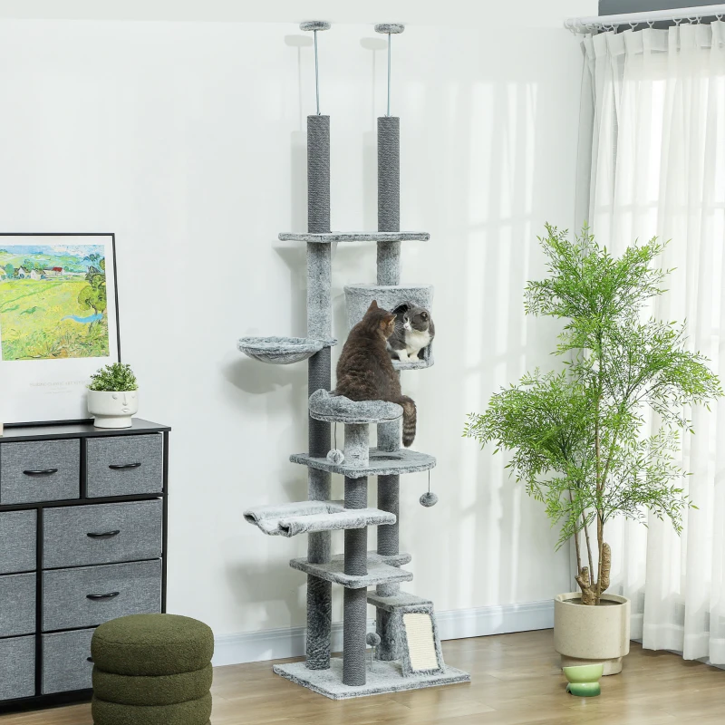 PawHut 89"-100" Floor to Ceiling Cat Tree for Indoor Cats, Activity Center with Cat Perch & Condo, Gray