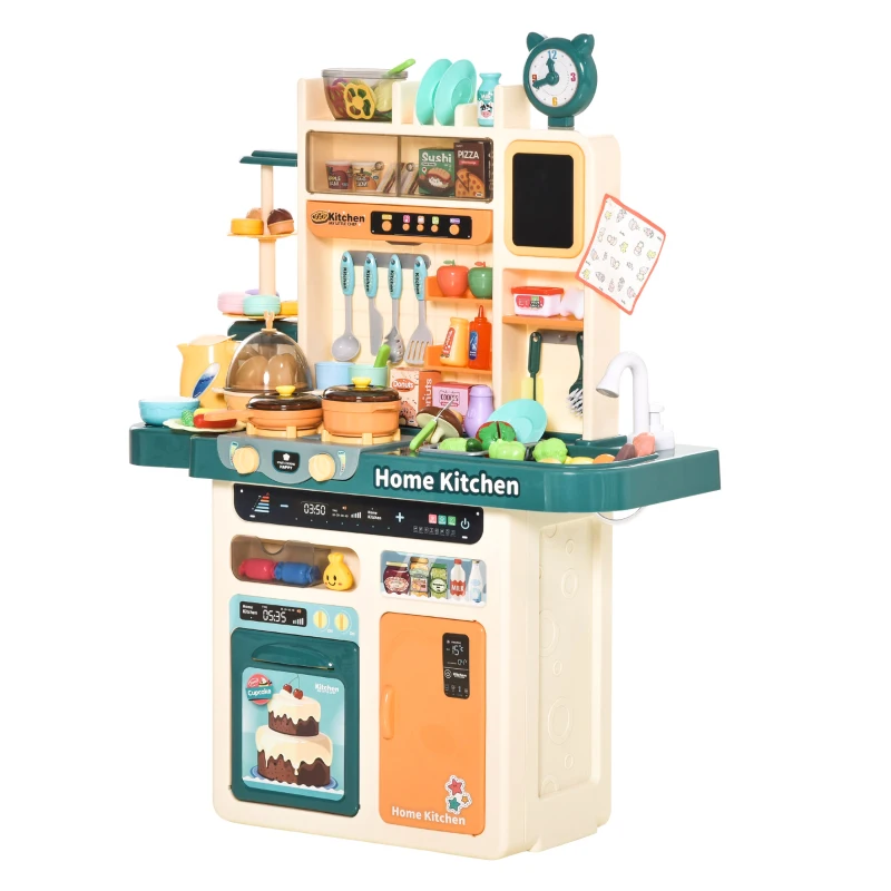 Qaba Play Kitchen for Kids with Sink Water, Music, 113 Toys, Color-Changing Food, Educational Pretend Role Playset Imaginative Toy with Spray Music Light, for 3-6 Years Old