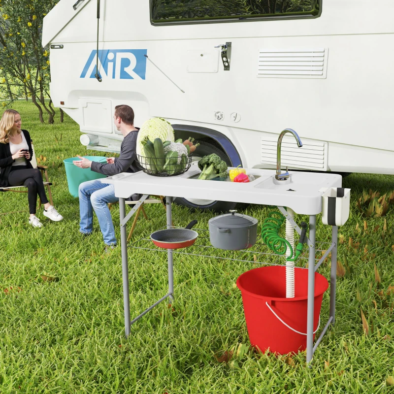 Outsunny Folding Fish Cleaning Table with Sinks, Portable Camping Sink Table with Faucet, Drainage Hose, Sprayer, Shelf, Drawer and Storage Basket, Outdoor Fillet Table for Picnic Beach Patio, White