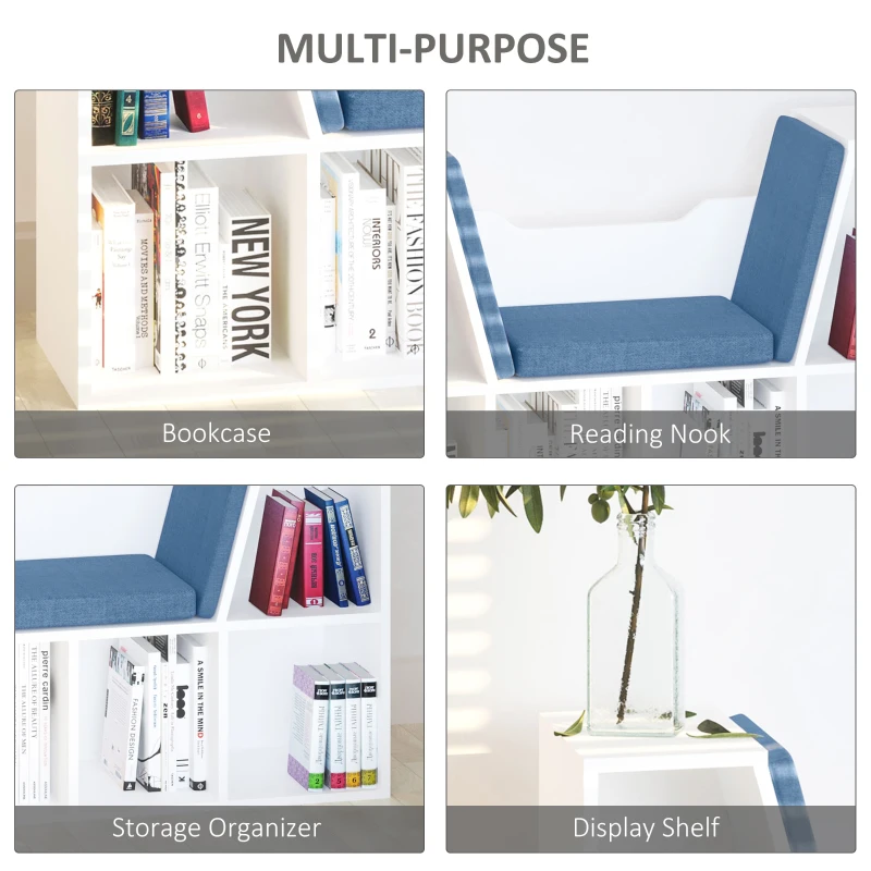 HOMCOM 6-Cubby Bookcase with Seat Cushion, Cube Storage Shelf with Reading Nook for Home Office, Study, Blue