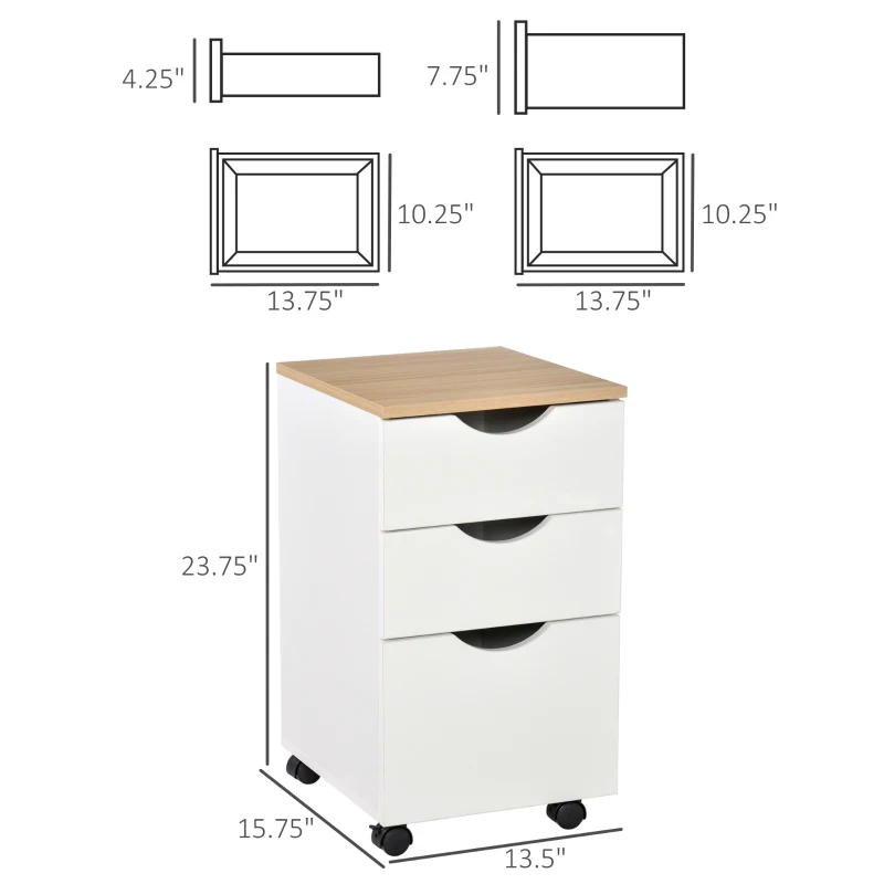 HOMCOM 3-Drawer Storage Cabinet with Wheels for Home Office, White