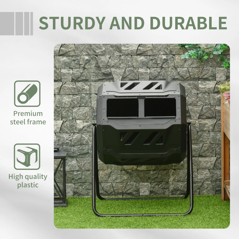 Outsunny 43 Gallon (160L) Tumbling Compost Bin Outdoor Dual Chamber 360° Rotating Composter with Sliding Doors, Solid Steel Frame and Gloves, Black