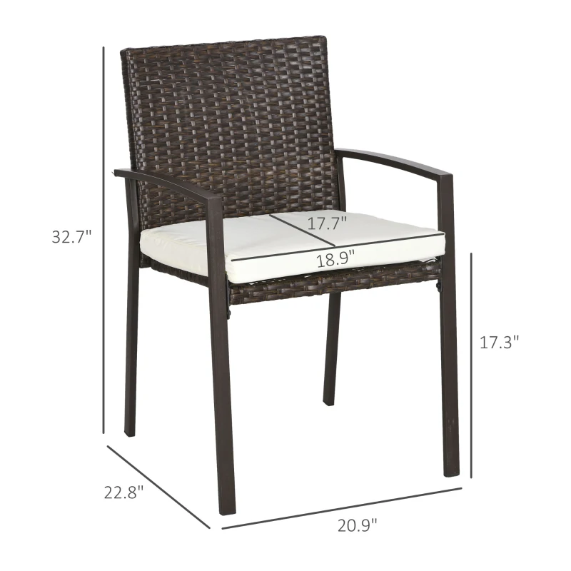 Outsunny PE Rattan Outdoor Dining Chair Set with Cushion, 2 Patio Wicker Dining Chairs with Backrest, Cream White