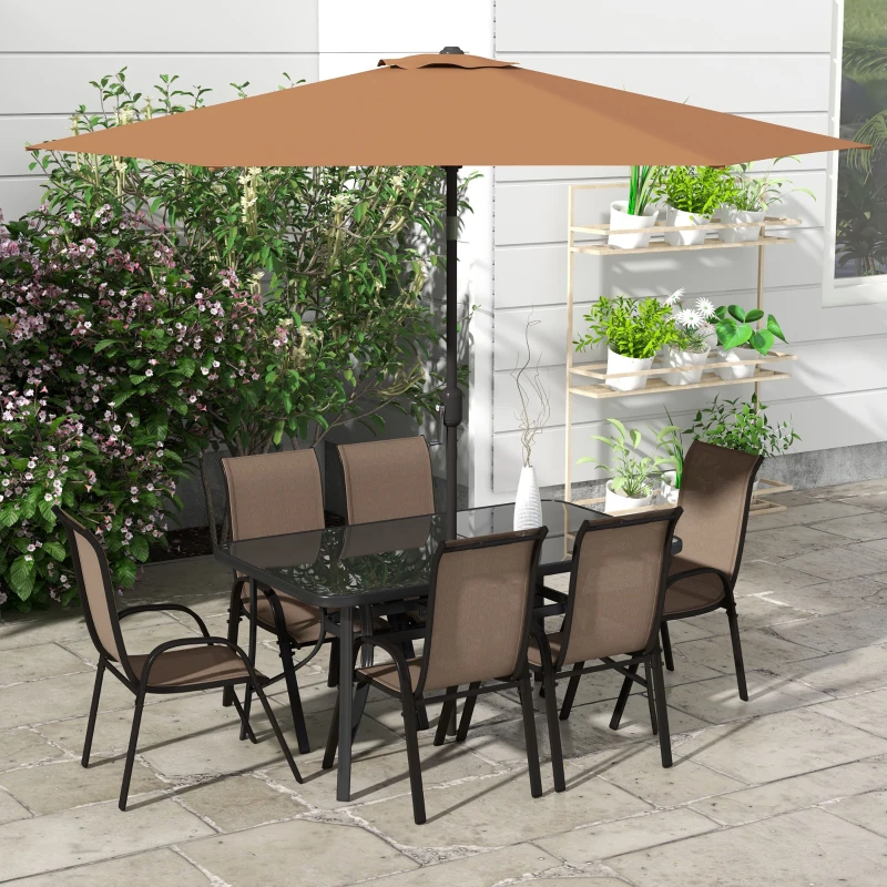 Outsunny 8 Pieces Patio Furniture Set with 9Ft Patio Umbrella, Outdoor Dining Table and Chairs, Light Mixed Brown