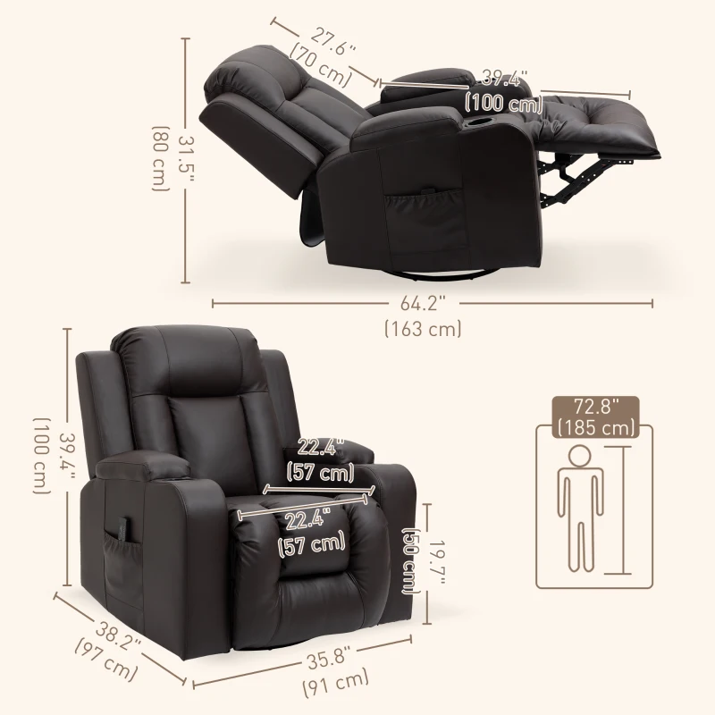 HOMCOM Swivel Massage Recliner Chair Rocker, Overstuffed Manual Reclining Sofa, PU Leather Rocking Chair with Side Pockets, Cup Holders, for Living Room, Nursery, Brown