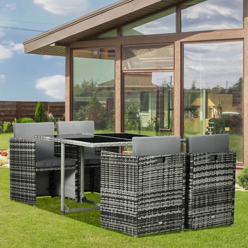 Outsunny 5 Pieces Wicker Patio Dining Set Outdoor Furniture Set with Removable Cushions, Glass Top Dining Table, PE Rattan Conversation Set for Garden Poolside Backyard, Grey