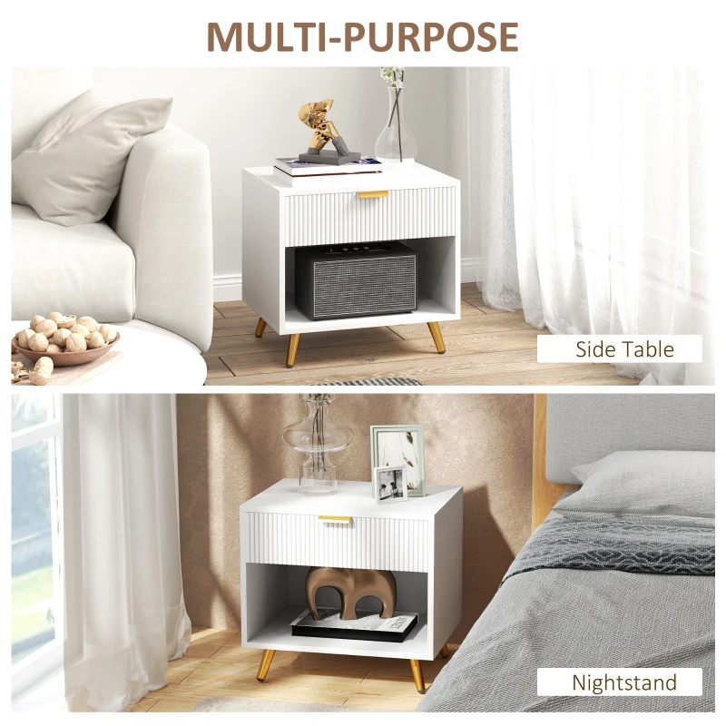 HOMCOM Nightstand with Fluted Panel, Bedside Table with Drawer and Open Compartment, Modern Night Table for Bedroom, White