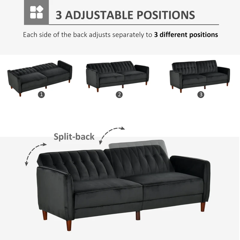 HOMCOM Convertible Sofa Sleeper Futon with Split Back Design Recline, Thick Padded Velvet-Touch Cushion Seating and Wood Legs, Black