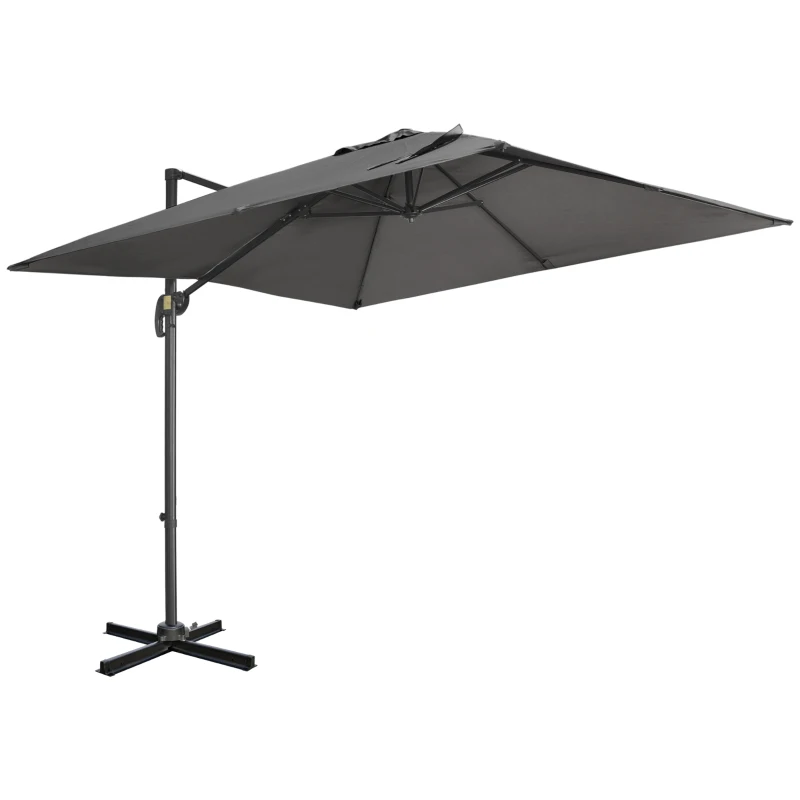 Outsunny 9ft Cantilever Patio Umbrella, Square Overhanging Umbrella with Cross Base, Crank Handle, Tilt, 360° Rotation and Aluminum Frame, Dark Grey