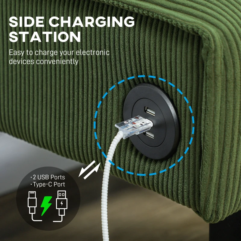 HOMCOM 46.5" Loveseat Couch with USB Ports, Corduroy Love Seat Sofa with Wood Legs for Living Room, Bedroom, Small Space, Green