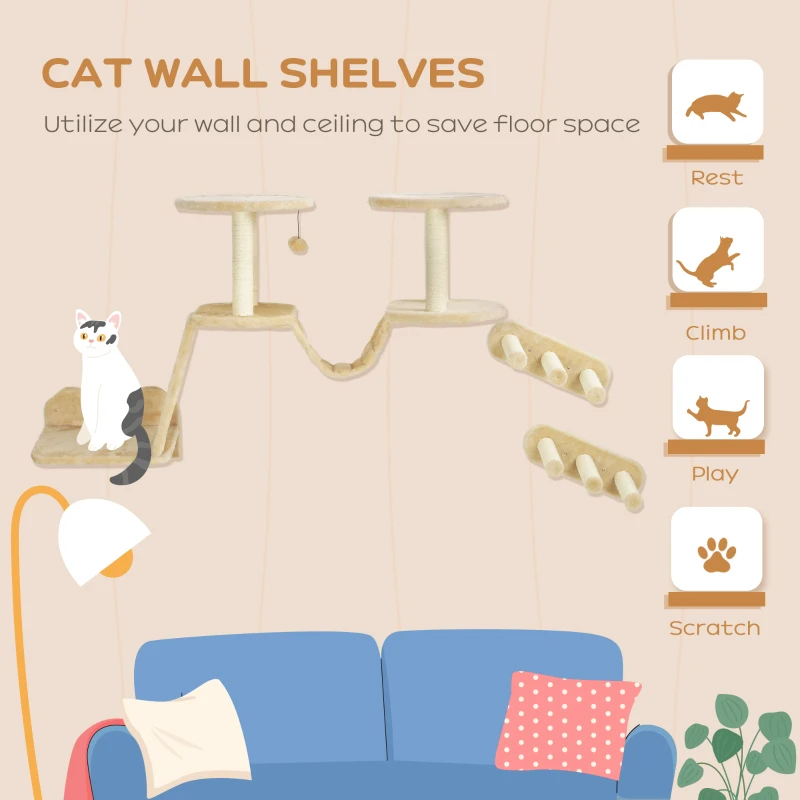 PawHut 3pc Cat Wall Shelves w/ Scratching Post, Perches, Ladder, Steps & Scratching Board, Beige