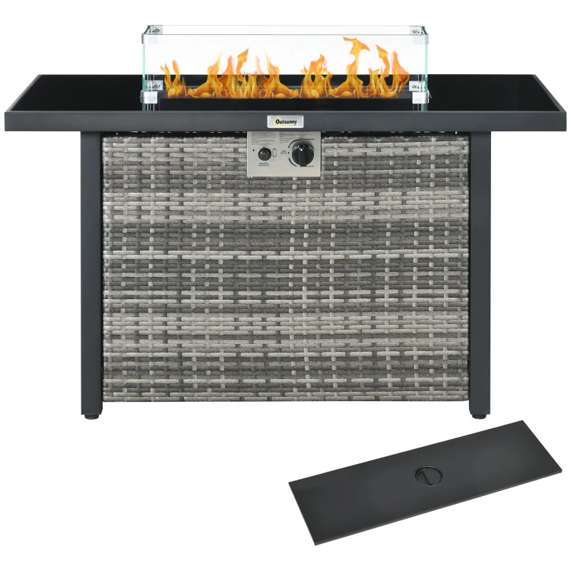 Outsunny Propane Fire Pit Table 43" Outdoor Fire Table, 50,000 BTU Pulse-Ignition Wicker Firepit Furniture with Glass Wind Guard, Blue Glass Rock, CSA Certification, Grey