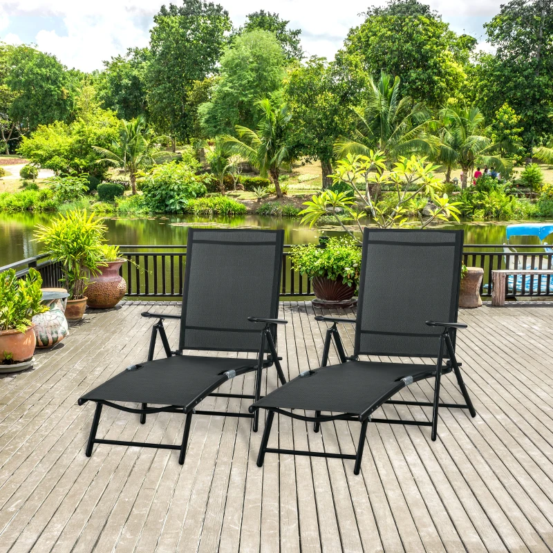 Outsunny Outdoor Set of 2 Lounge Chair, Folding Reclining Garden Sun Lounger with Metal Frame, Adjustable Backrest for Patio, Deck, and Poolside, Black