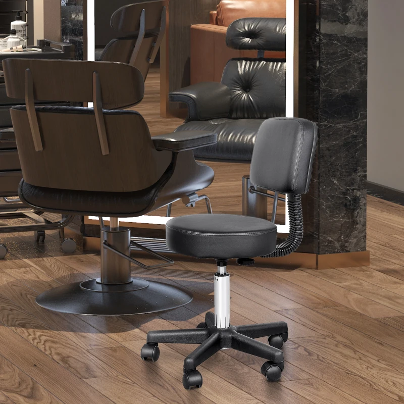 HOMCOM PU Leather Adjustable Rolling Stool, Round Swivel Drafting Stool with Back, Wheels, Black