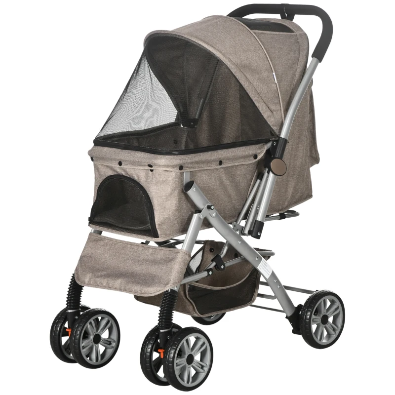 PawHut 4 Wheels Pet Stroller w/ Reversible Handle, Foldable Dog Cat Travel Carriage w/ EVA Wheels Basket Storage Bag 3-stage Canopy Brown