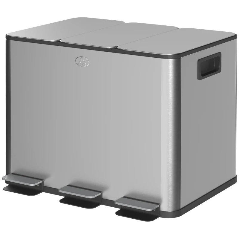HOMCOM Triple Garbage Bin, Soft-Close Trash Can with Foot Pedal, 3 x 20 Liter Garbage Can with Removable Inner Buckets, Silver