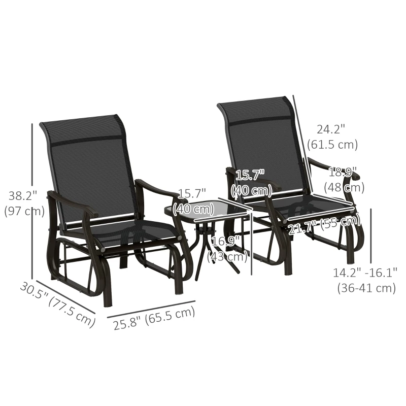 Outsunny 3PCs Gliding Rocking Chair & Bistro Tea Table Set, Black