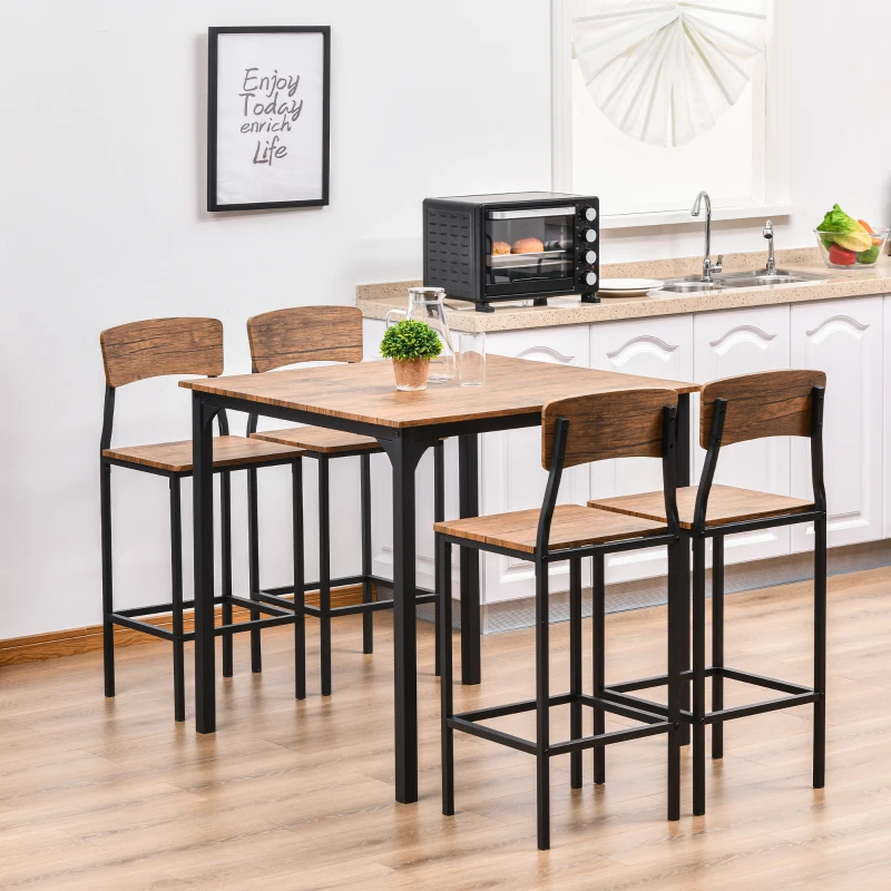 HOMCOM 5-Piece Counter Height Bar Table with Space-Saving Design, Square Kitchen Table and Chairs Set with Footrest, Metal Legs, Industrial Dining Table Set for 4, Walnut